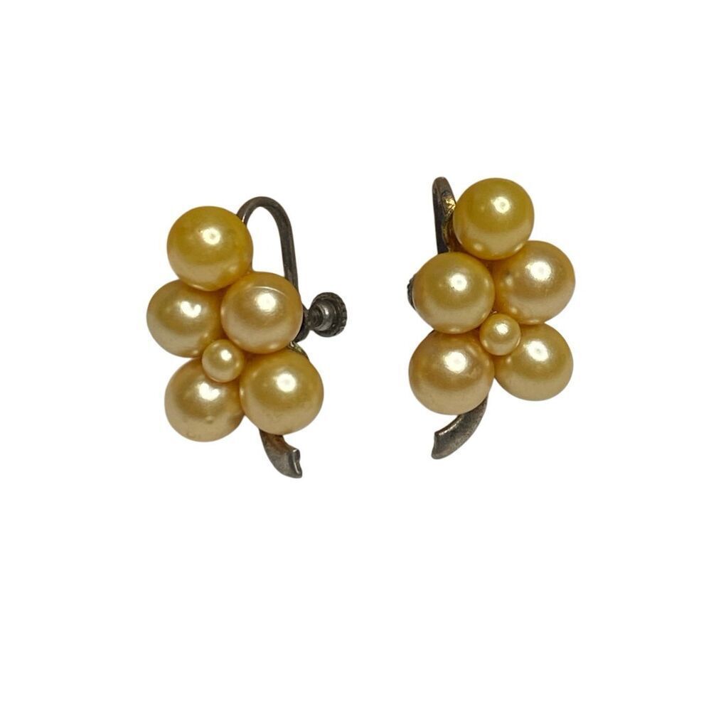 Vintage Faux Pearl Cluster Screwback Earrings Floral Gold Tone Retro Elegant